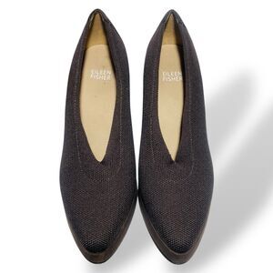EILEEN FISHER Signy Knit Suede V Cut Shoes Pump Heels Women Size 6.5 M Brown